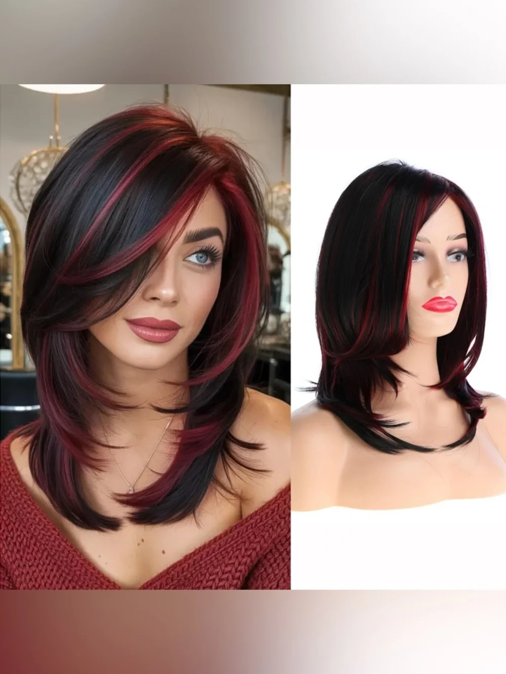 Black Wig with Red Highlights - Stylish Layered Women's Hair
